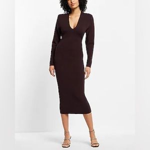 Express V-Neck Long Sleeve Padded Shoulder Back Cutout Midi Sweater Dress